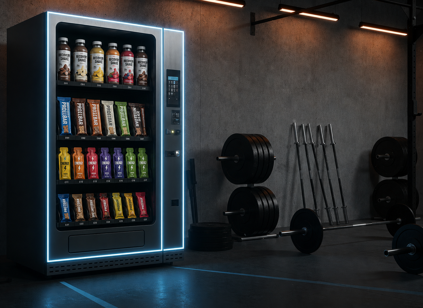 EnduroScience sports nutrition vending machine inside a CrossFit gym