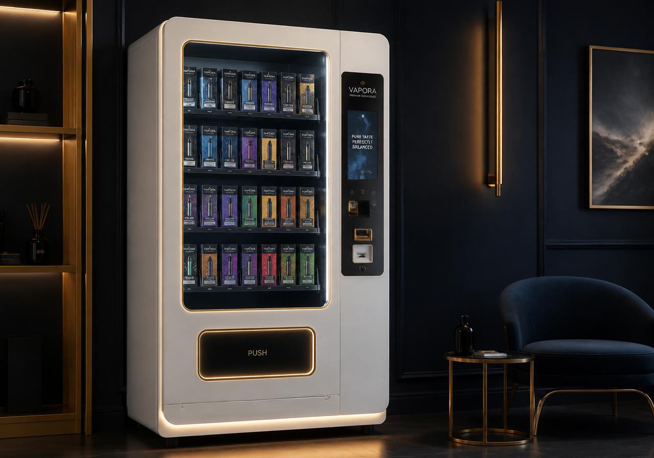 VapeVending premium disposable vape vending machine in a modern venue